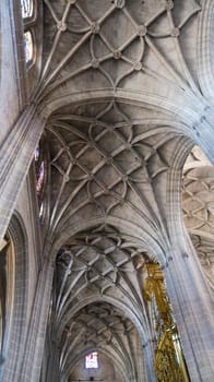 Ancient architecture ceiling of Cathedral of Segovia interior view in Spain