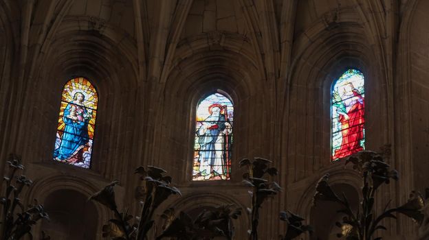 Segovia, Spain - 22 - September - 2020: Gothic stained glass window of the Cathedral of Segovia, the last Gothic cathedral built in Spain