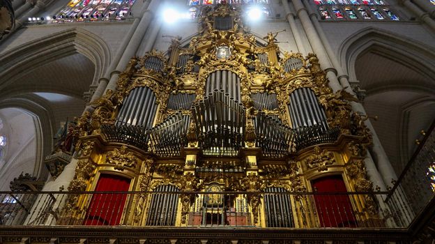 Toledo, Spain - 24 - September - 2020: Organ in Primate Cathedral of Saint Mary of Toledo, The cathedral of Toledo is one of the three 13th-century High Gothic cathedrals