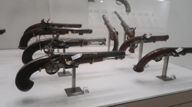 Toledo/Spain - 24-September-2020: Collection of antique medieval guns at the Toledo Alcazar museum