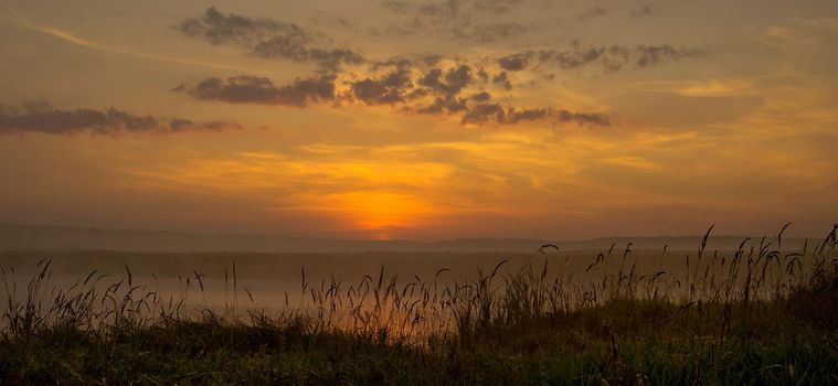 Dawn over the shore of the pond. Morning rays of the sun over the pond.