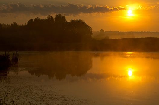 Lake at sunset, coastal grass and trees. The light of the sunset above the water.