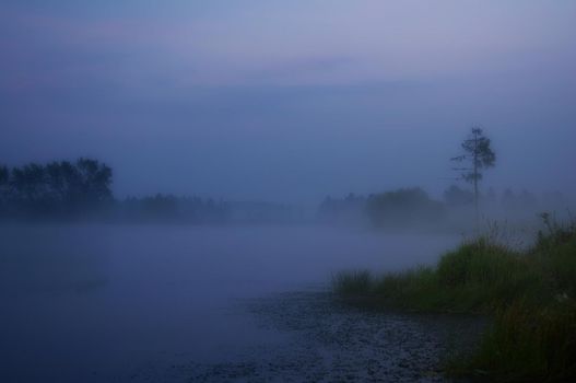 Smoke of mist over the pond. morning mist over the pond.