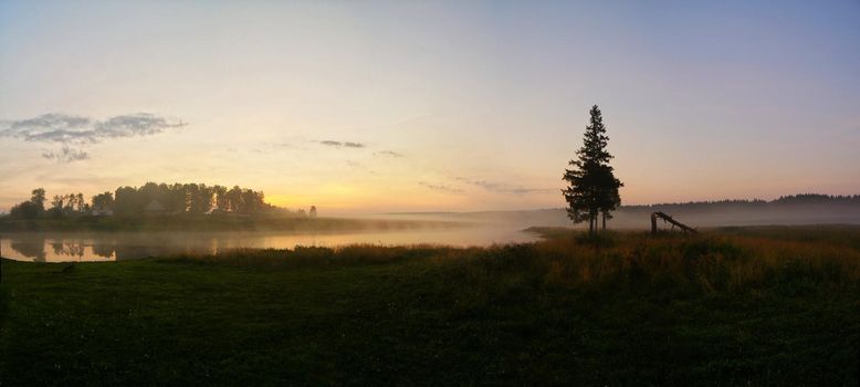 Lake at sunset, coastal grass and trees. The light of the sunset above the water.