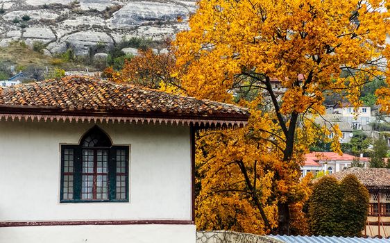 At home near the rocks. Stone houses in a mountain village. Crimea