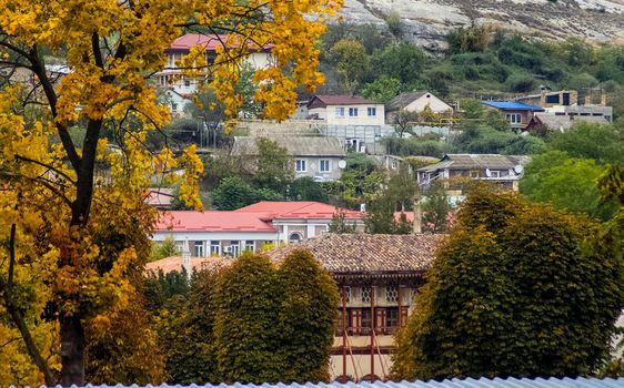 At home near the rocks. Stone houses in a mountain village. Crimea