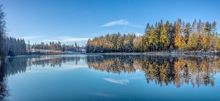 panorama of beautiful spruce tree covered by snow reflections in water reservoir, Lake with clear blue water, Czech Republic, Vysocina Europe nature