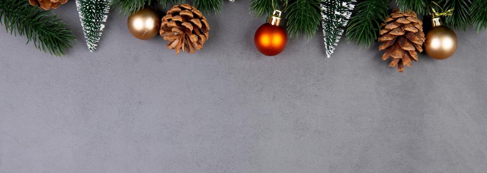 Christmas holiday composition decoration on cement floor background, new year and xmas or anniversary with presents in season, celebrate and copy space, top view or flat lay, banner website.