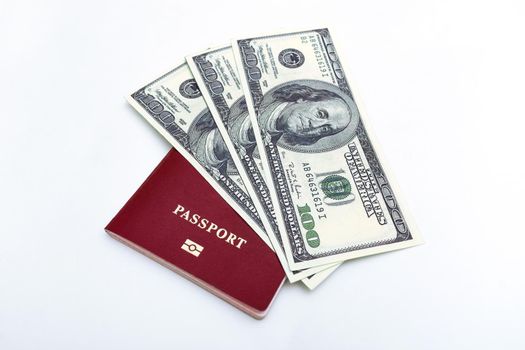 Money and passport on white blank background