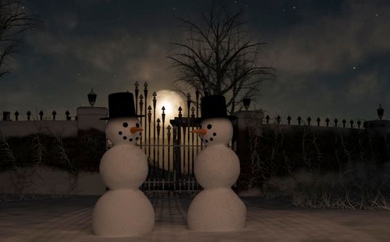 Two Christmas Snowmen are celebrating Christmas near a park - 3d rendering