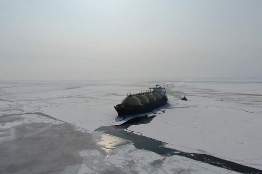 The tanker is filled with liquefied natural gas, transporting gas by sea.