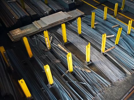 Metal products at the construction metal base. Metal warehouse.