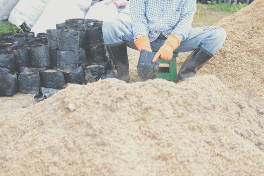 substrate materials for growing plant. soil and fertilizer in planting bag for transplanting seedling in farm
