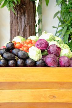 fruit vegetables in wooden cart wagon harvesting from farm