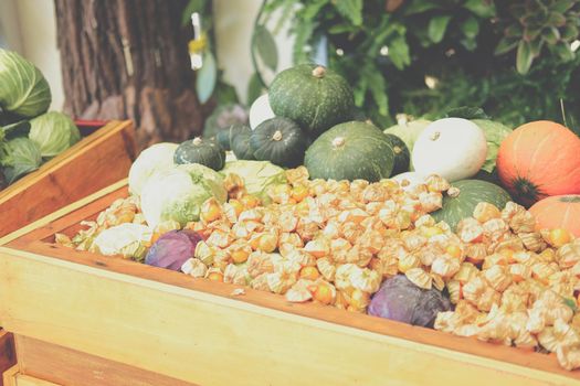 fruit vegetables in wooden cart wagon harvesting from farm