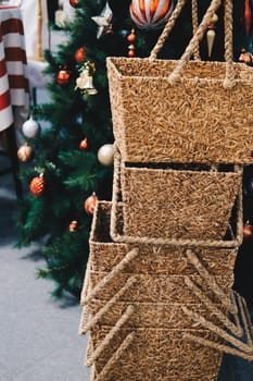 woven wicker rattan craft basket. natural material for environment conservation