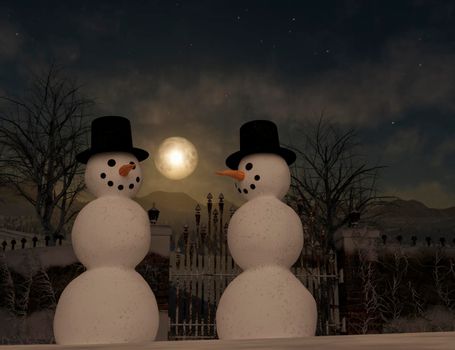 Two Christmas Snowmen are celebrating Christmas near a park - 3d rendering