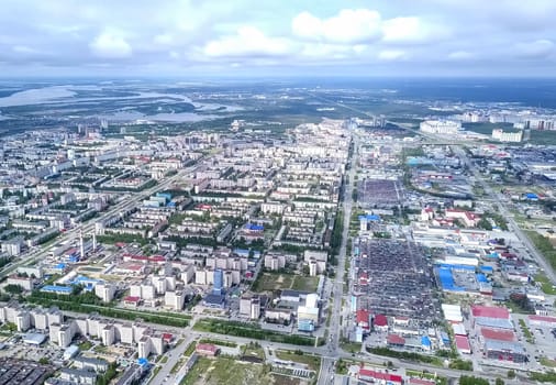 View from above on the city of Surgut. Hunts-Mansi Autonomous Region, surgut city from a bird's-eye view.