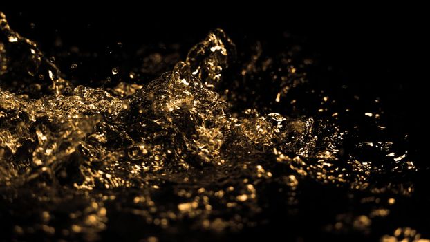 Hi speed close up images of oil liquid from diesel gasoline splashing and moving up to the air on black background for represent power of fuel liquid that active and powerful. studio shot premium gold color tone.