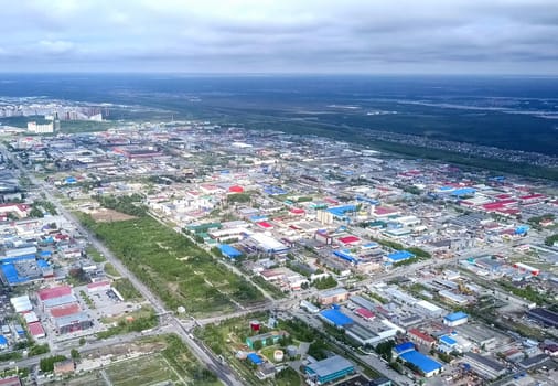 View from above on the city of Surgut. Hunts-Mansi Autonomous Region, surgut city from a bird's-eye view.