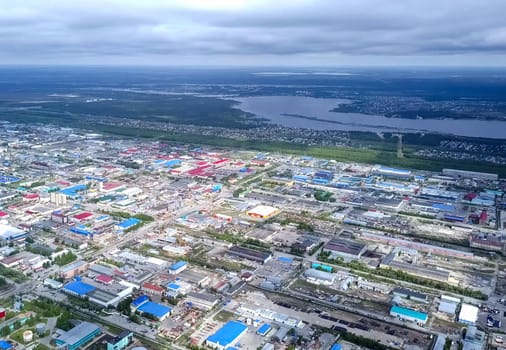 View from above on the city of Surgut. Hunts-Mansi Autonomous Region, surgut city from a bird's-eye view.