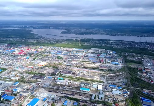 View from above on the city of Surgut. Hunts-Mansi Autonomous Region, surgut city from a bird's-eye view.