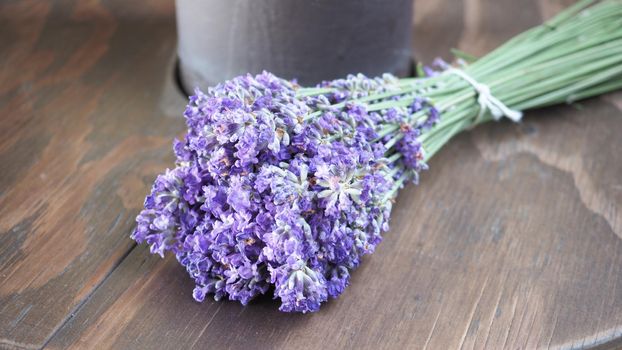 Bunch or bouquet of purple lavender flowers on a wood texture table. Group of lavandula from Furano province Hokkaido Sapporo Japan. Photo from above., aroma herbs concept