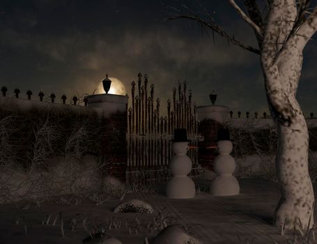 Two Christmas Snowmen are celebrating Christmas near a park - 3d rendering