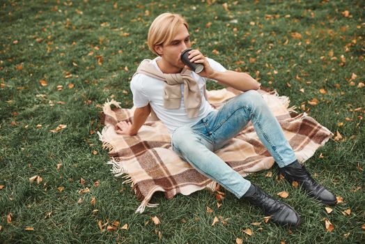 Handsome man having rest outdoors. Lying on blanket in park.