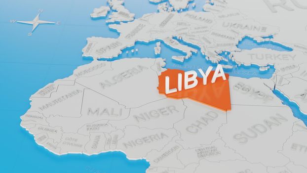 Libya highlighted on a white simplified 3D world map. Digital 3D render.