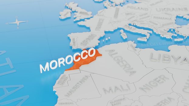 Morocco highlighted on a white simplified 3D world map. Digital 3D render.