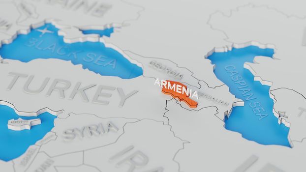 Armenia highlighted on a white simplified 3D world map. Digital 3D render.