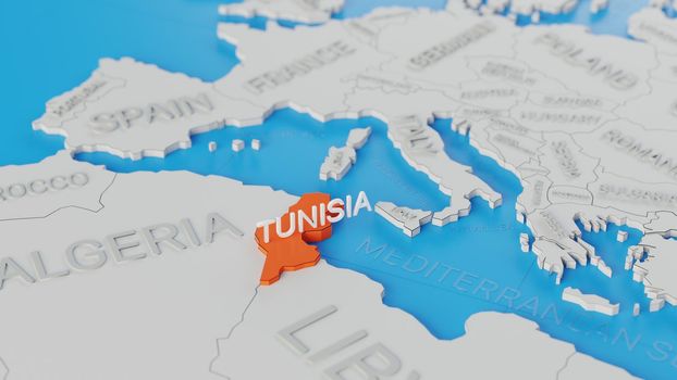 Tunisia highlighted on a white simplified 3D world map. Digital 3D render.
