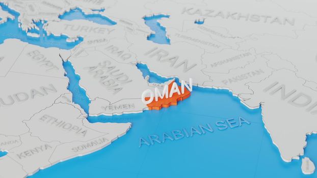 Oman highlighted on a white simplified 3D world map. Digital 3D render.