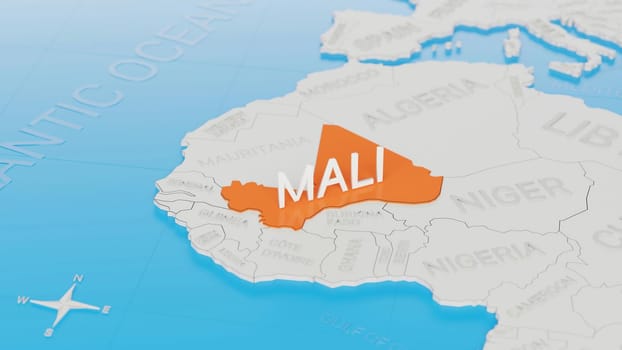 Mali highlighted on a white simplified 3D world map. Digital 3D render.
