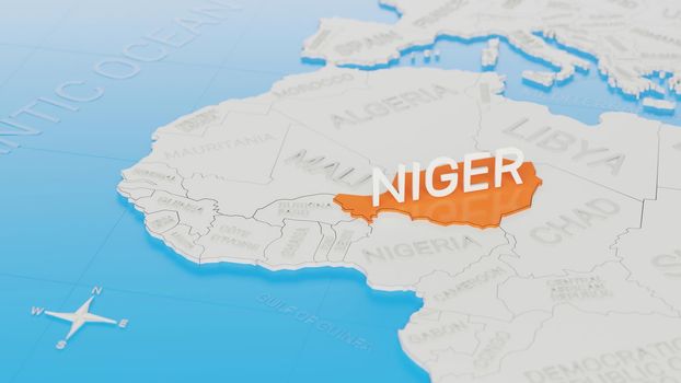 Niger highlighted on a white simplified 3D world map. Digital 3D render.