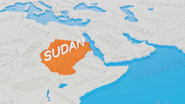 Sudan highlighted on a white simplified 3D world map. Digital 3D render.