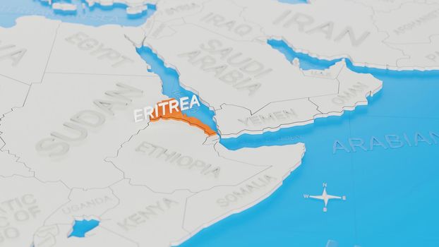 Eritrea highlighted on a white simplified 3D world map. Digital 3D render.