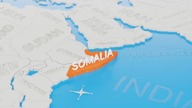 Somalia highlighted on a white simplified 3D world map. Digital 3D render.