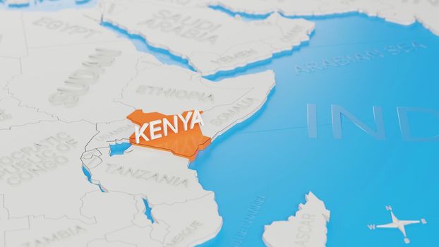 Kenya highlighted on a white simplified 3D world map. Digital 3D render.