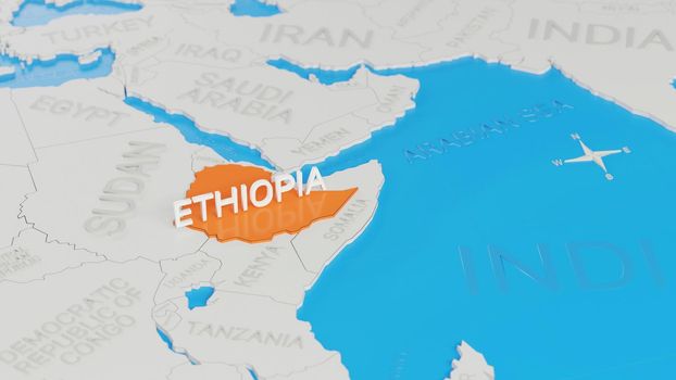 Ethiopia highlighted on a white simplified 3D world map. Digital 3D render.
