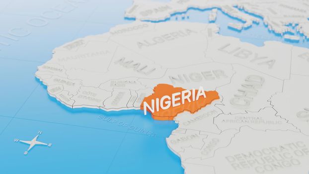 Nigeria highlighted on a white simplified 3D world map. Digital 3D render.