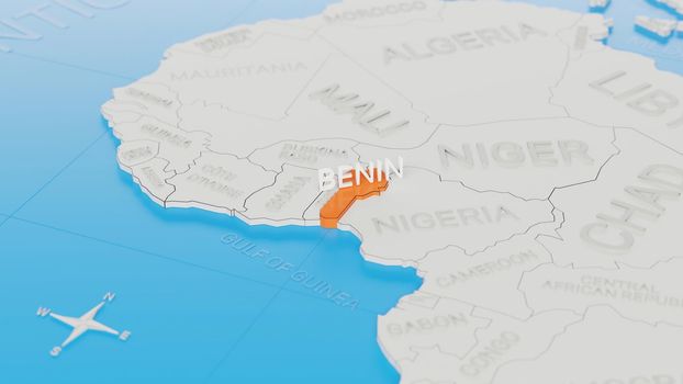Benin highlighted on a white simplified 3D world map. Digital 3D render.