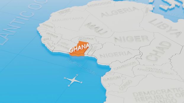 Ghana highlighted on a white simplified 3D world map. Digital 3D render.
