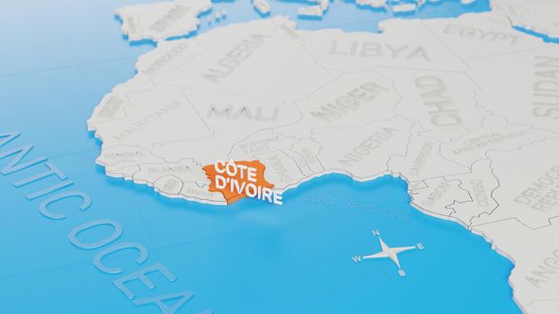 Cote d'Ivoire highlighted on a white simplified 3D world map. Digital 3D render.