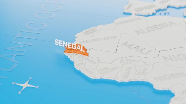 Senegal highlighted on a white simplified 3D world map. Digital 3D render.