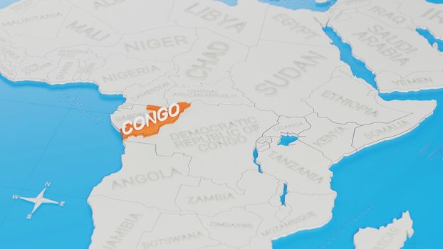 Congo highlighted on a white simplified 3D world map. Digital 3D render.