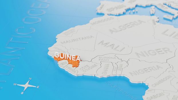 Guinea highlighted on a white simplified 3D world map. Digital 3D render.