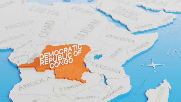Democratic Republic of Congo highlighted on a white simplified 3D world map. Digital 3D render.