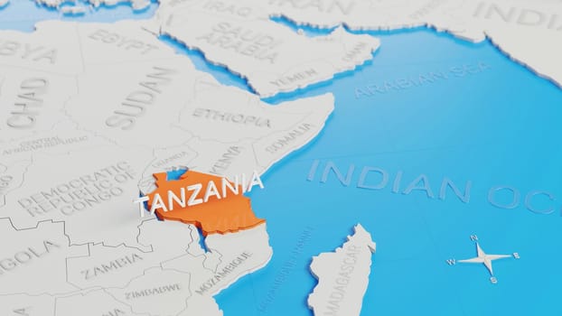 Tanzania highlighted on a white simplified 3D world map. Digital 3D render.